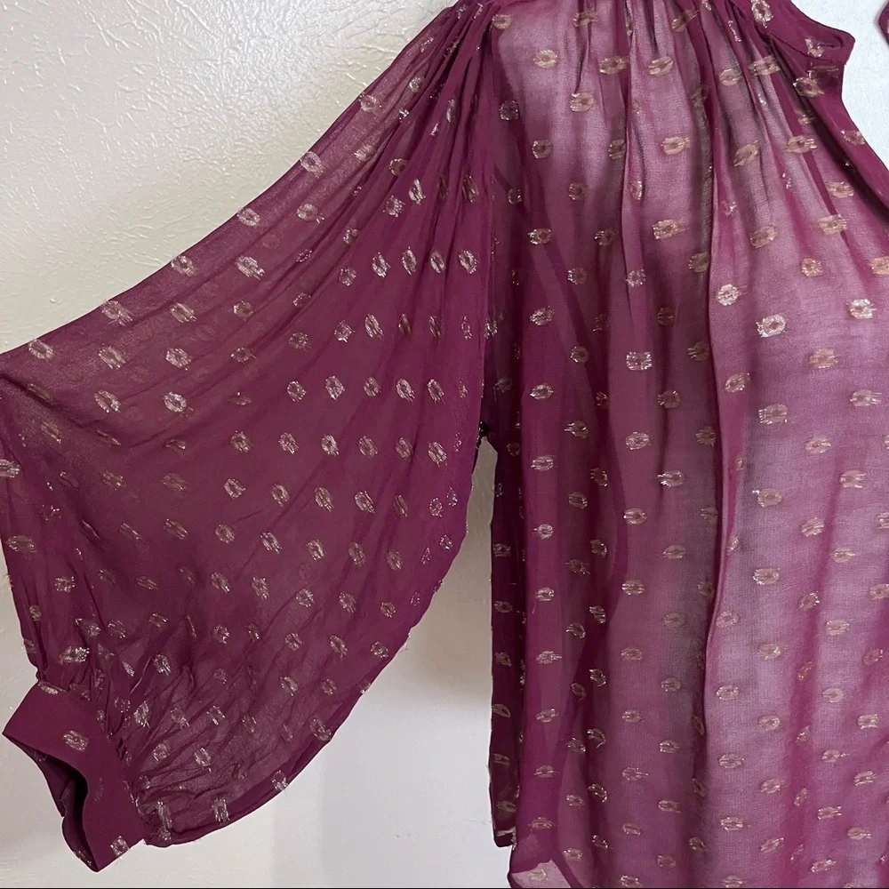 SOLD E Anthropologie Moulinette Soeurs Plum Gold Metallic Sheer Button Up Blouse - Picture 6 of 10